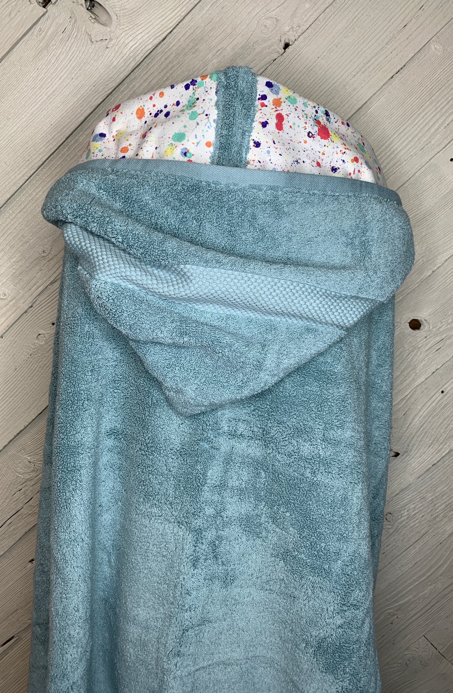 Adult Hooded Bath Towel with Paint Splatter Flannel Hood Lining