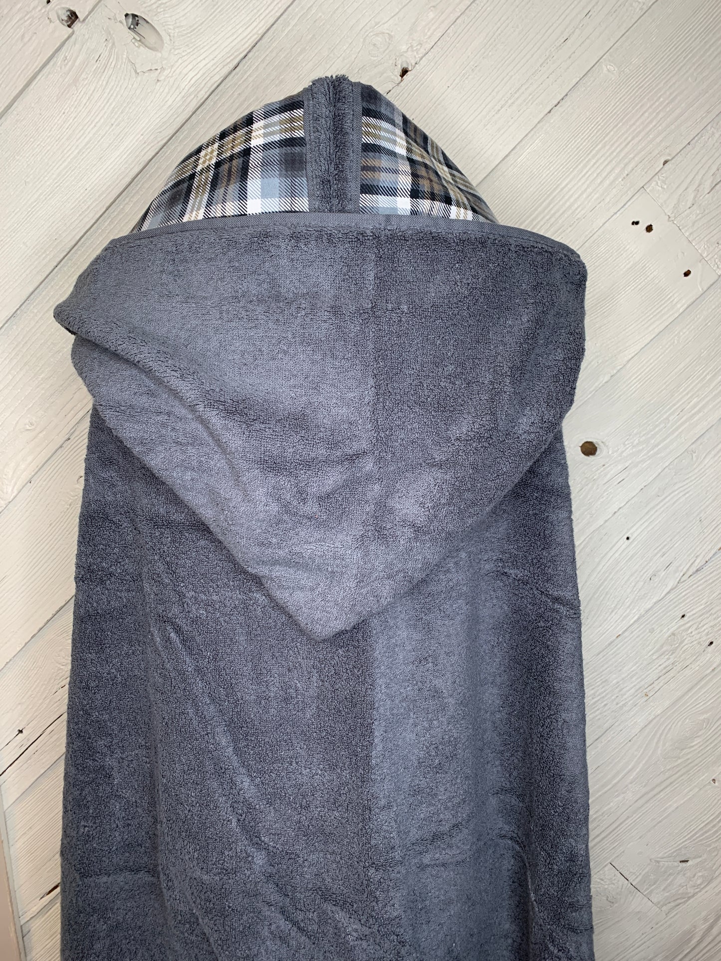 Adult Hooded Bath Towel with Plaid Flannel Lining on the Hood