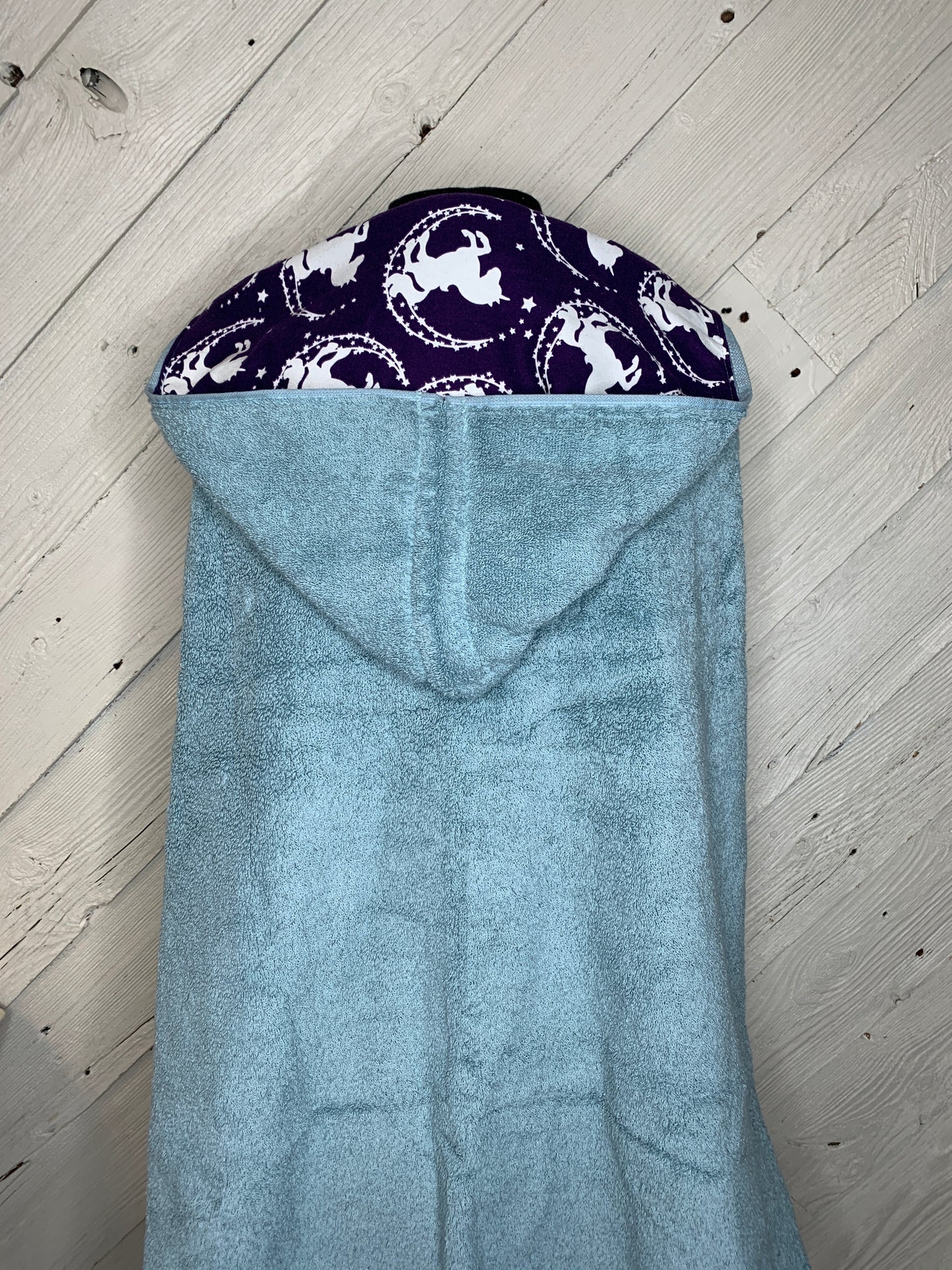 Adult Hooded Bath Towel with Blue and White Unicorn Flannel Lining on the Hood