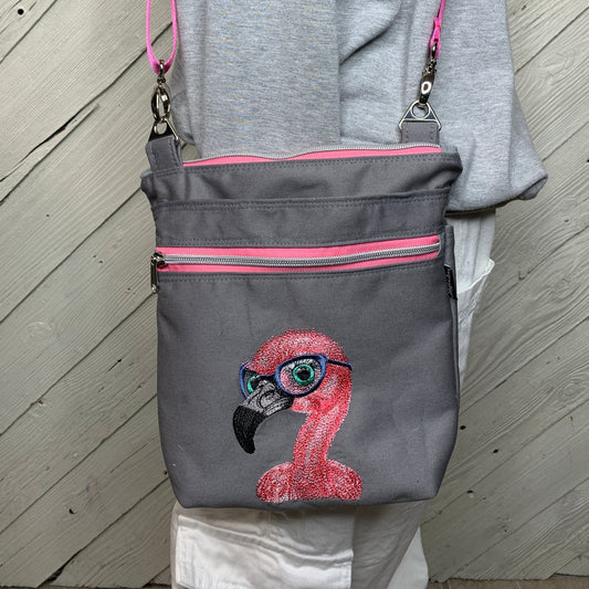 Crossbody Bag with Embroidered Flamingo Pattern