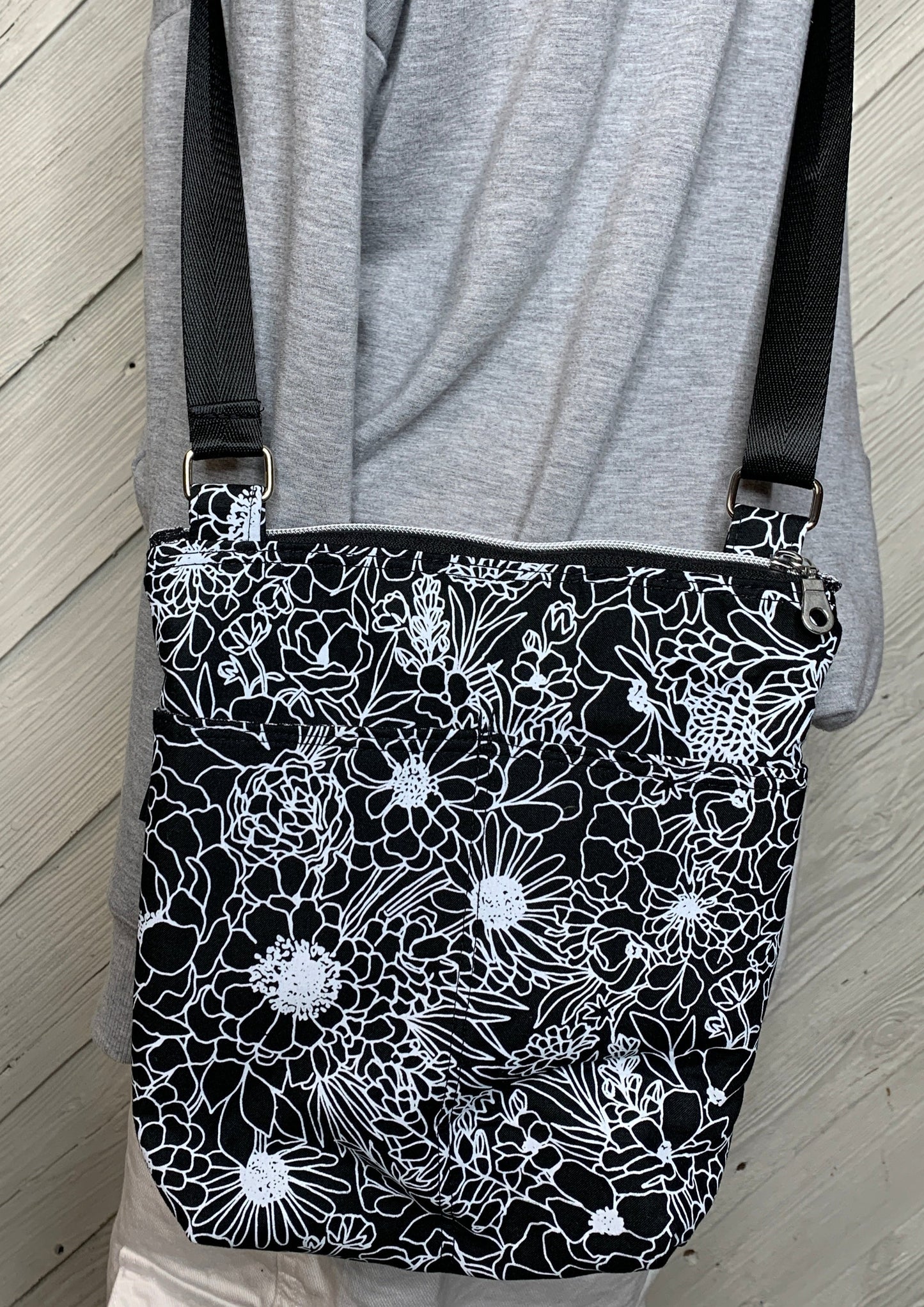 Crossbody Bag with a Black and White Flower Pattern