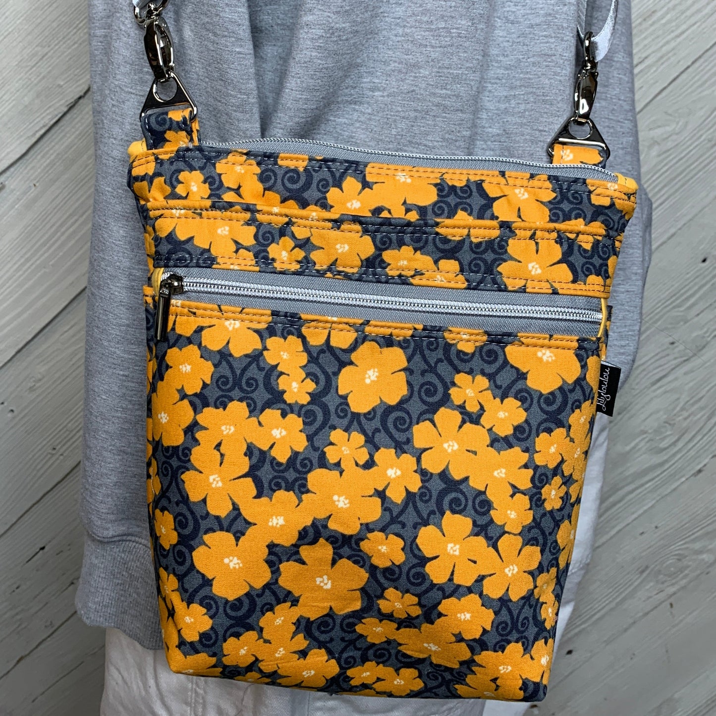Crossbody Bag with a Yellow Flower Pattern on Grey