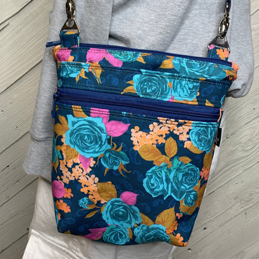 Crossbody Bag with a Multicolor Flower Pattern on Royal Blue