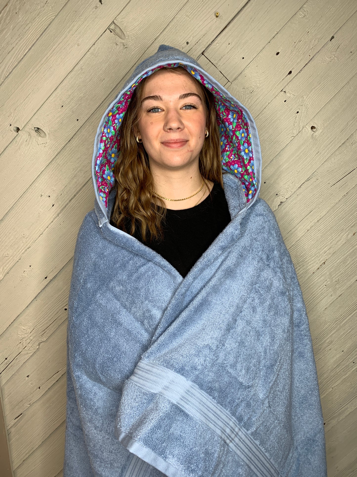 Adult Hooded Bath Towel with Multicolor Flower Flannel Lining on the Hood