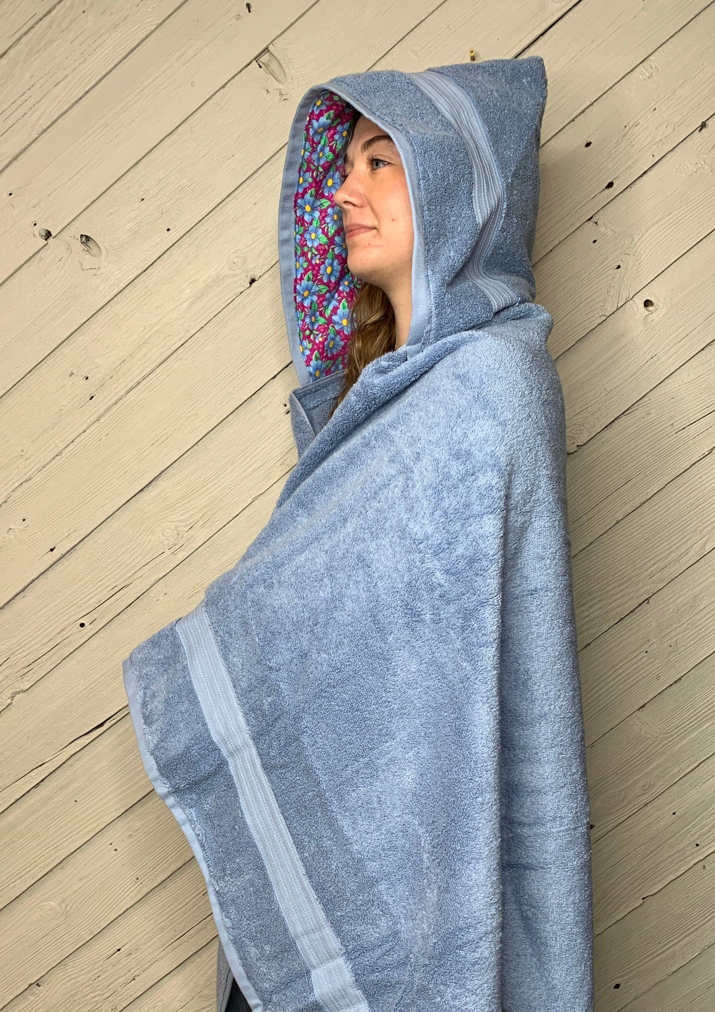 Adult Hooded Bath Towel with Multicolor Flower Flannel Lining on the Hood