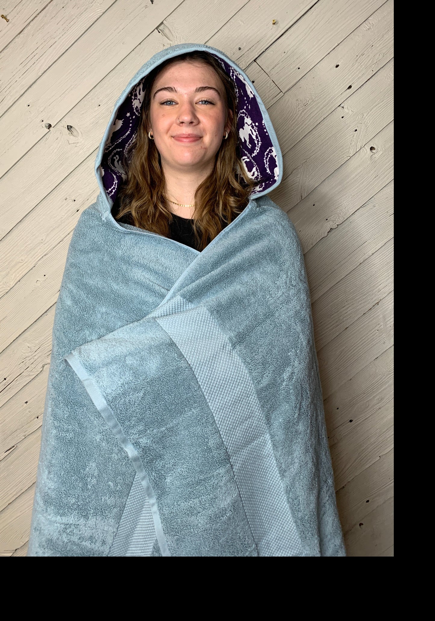 Adult Hooded Bath Towel with Blue and White Unicorn Flannel Lining on the Hood