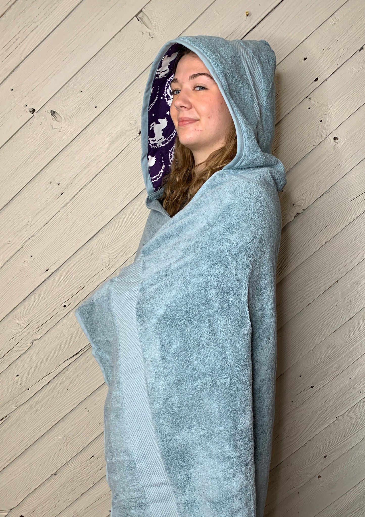 Adult Hooded Bath Towel with Blue and White Unicorn Flannel Lining on the Hood