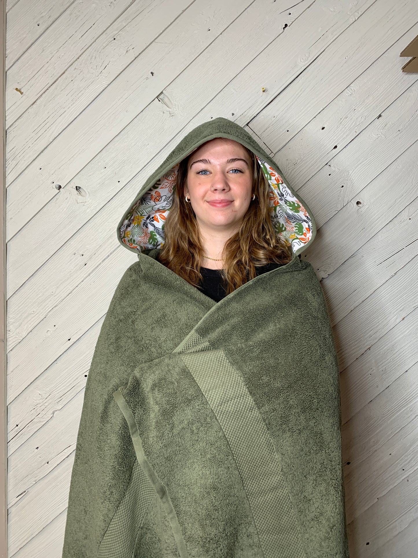 Adult Hooded Bath Towel with a Leaves Flannel Lining on the Hood