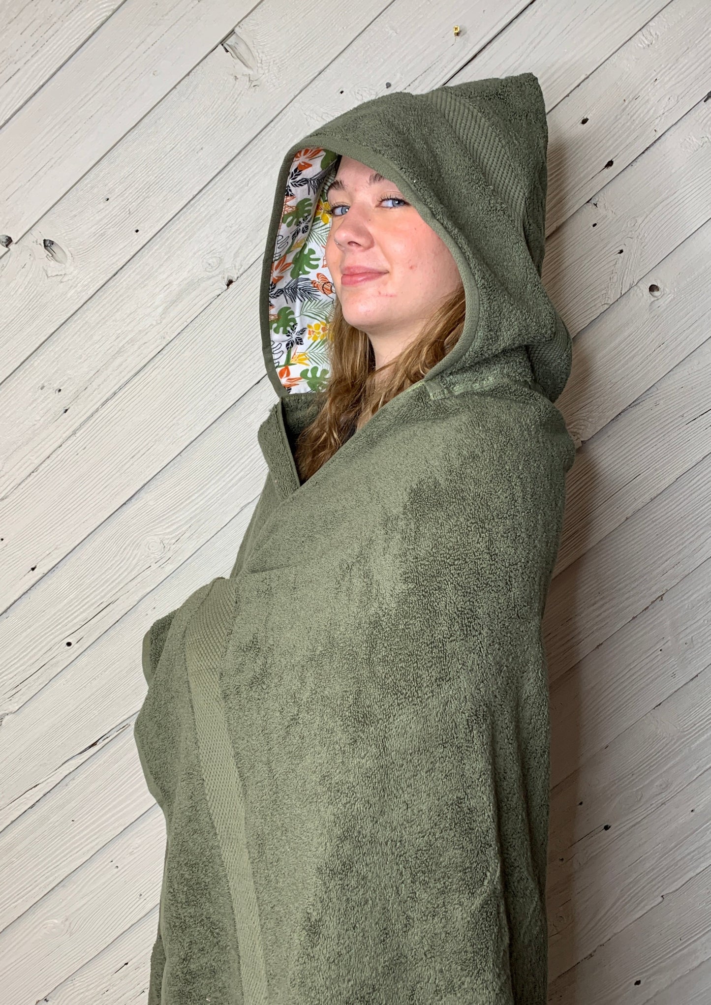 Adult Hooded Bath Towel with a Leaves Flannel Lining on the Hood