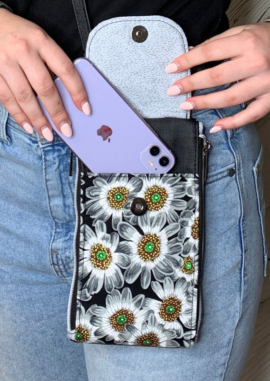 Clutch Crossbody Bag with a Black and White Flower Pattern