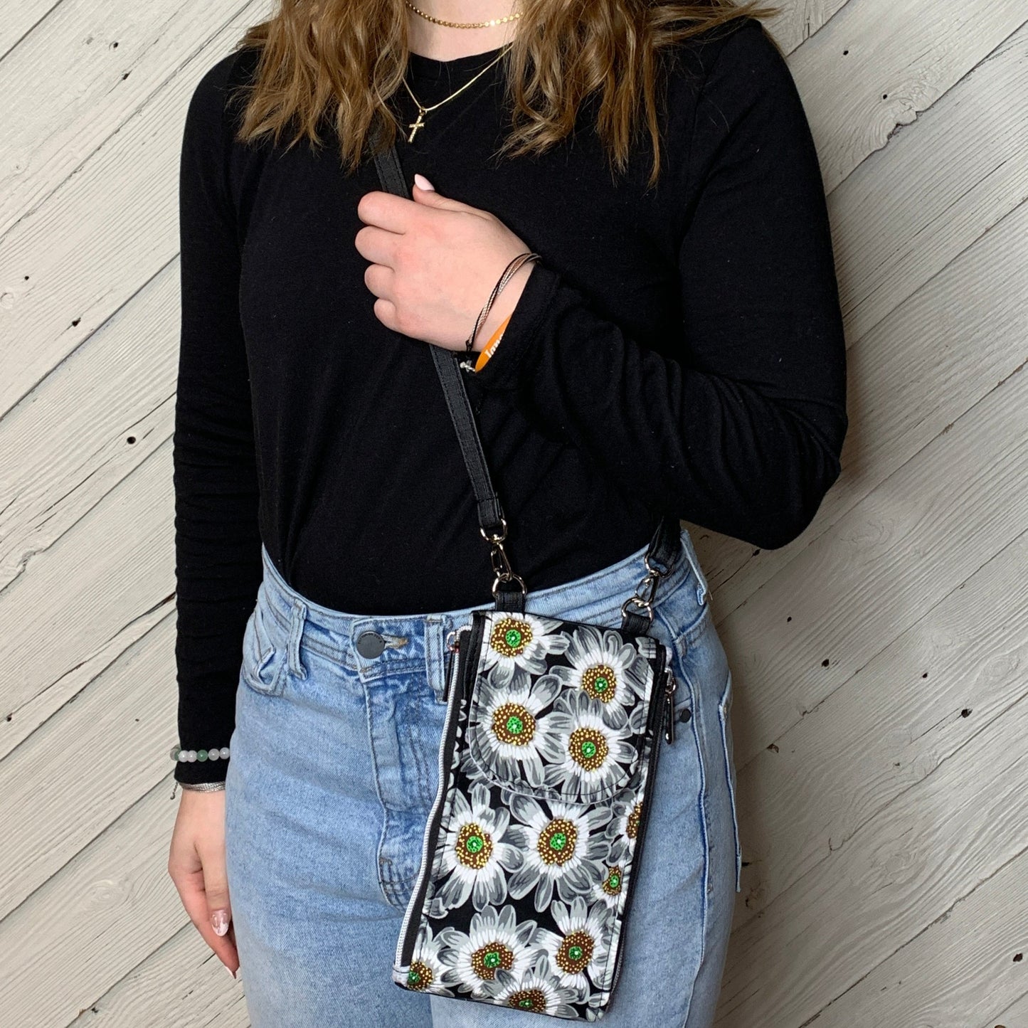 Clutch Crossbody Bag with a Black and White Flower Pattern