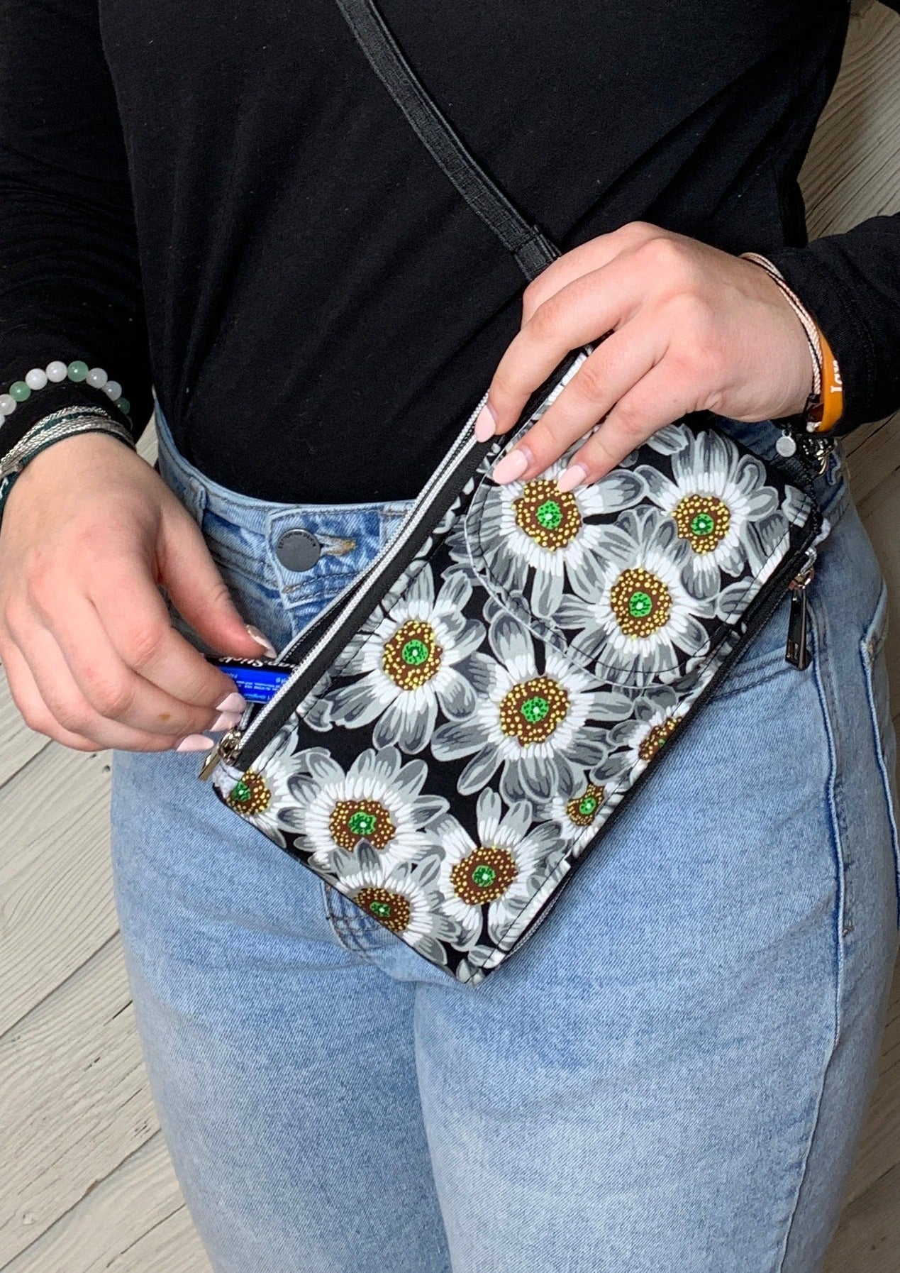 Clutch Crossbody Bag with a Black and White Flower Pattern