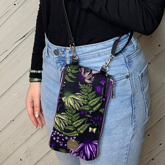 Clutch Crossbody Bag with a Leafy Pattern on Deep Purple