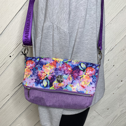 Foldover Crossbody Bag with a Purple Floral Design