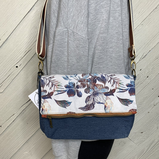 Foldover Crossbody Bag with a denim and floral Design