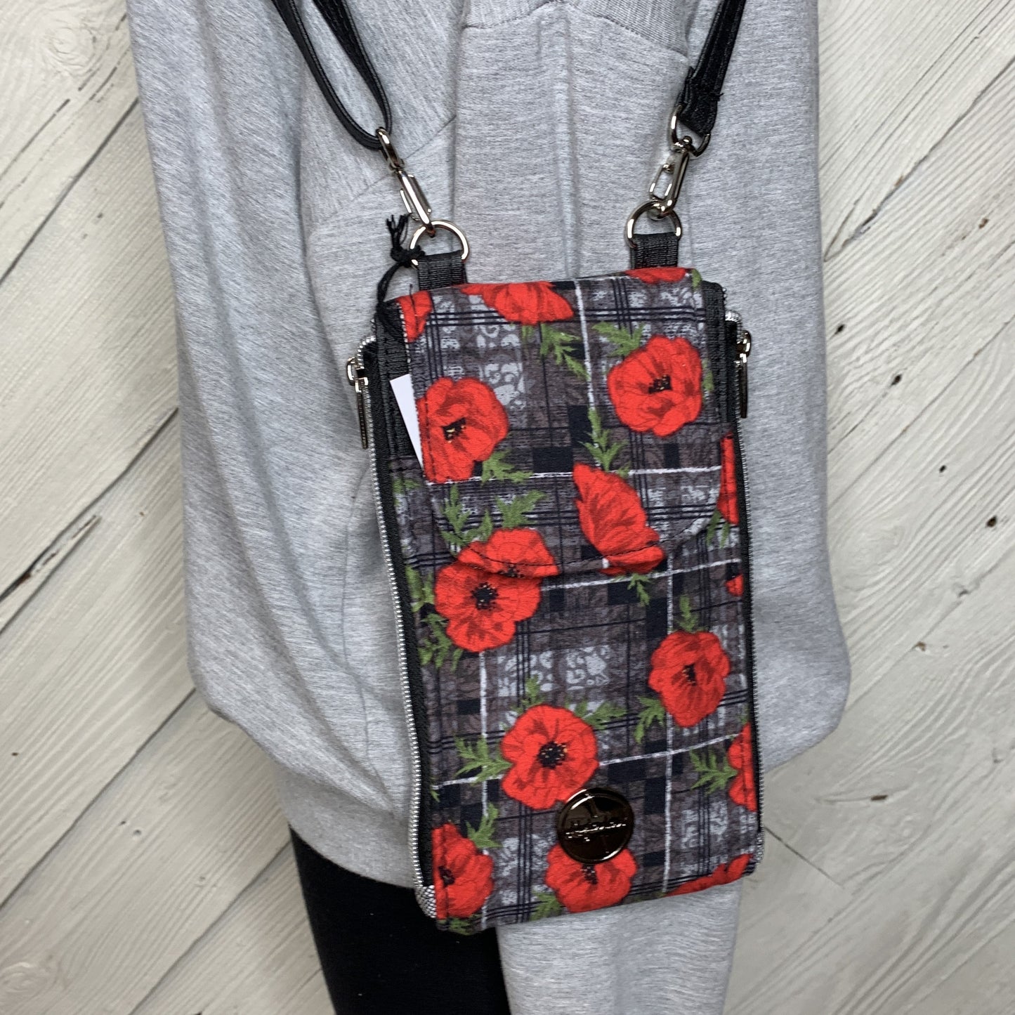 Clutch Crossbody Bag with a Poppy Flower and Plaid Pattern