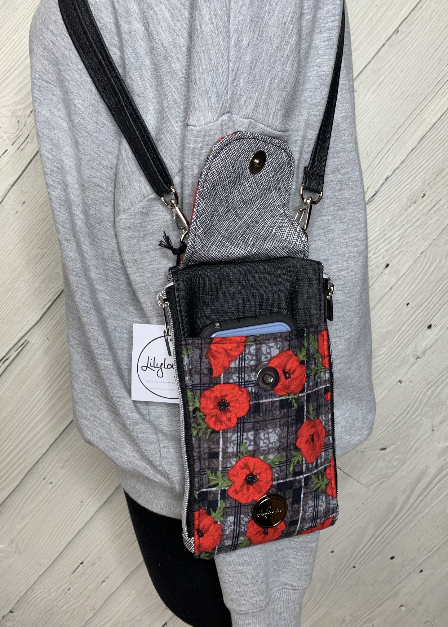 Clutch Crossbody Bag with a Poppy Flower and Plaid Pattern