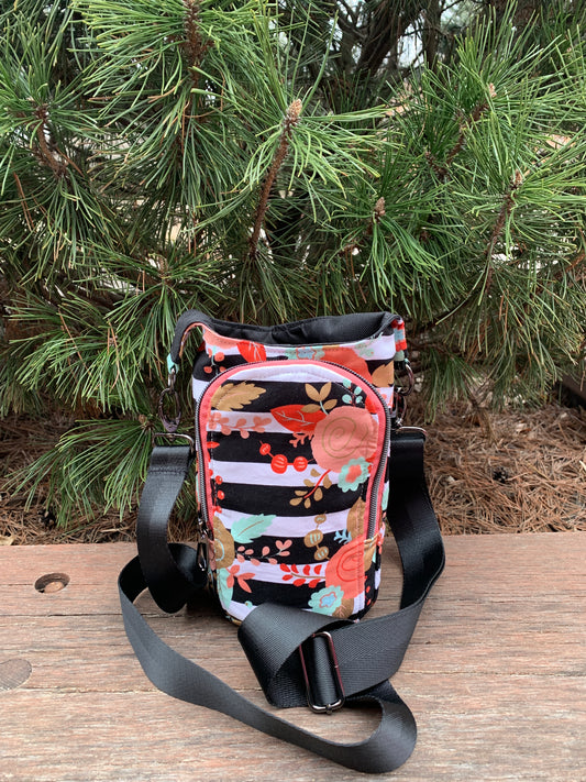 Water Bottle Bag with Black and White Stripes and Flowers