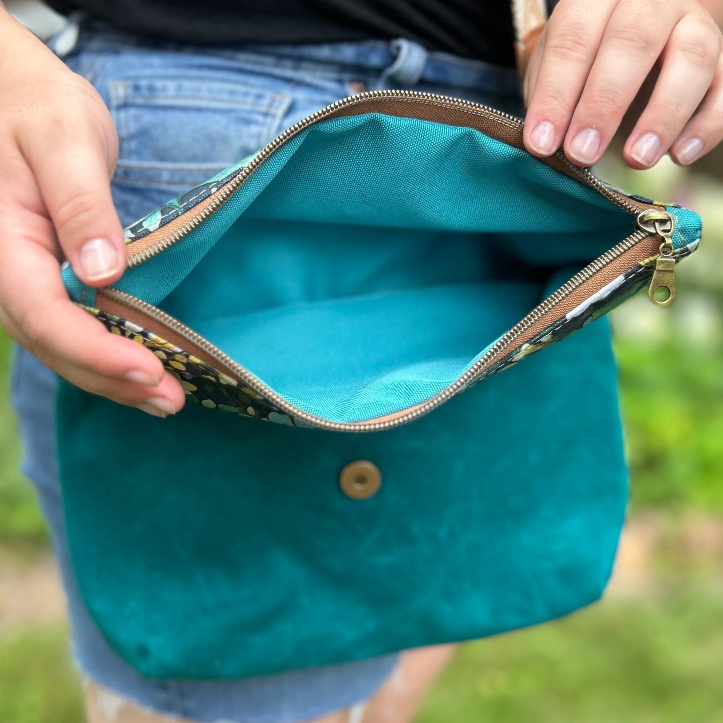 Foldover Crossbody Bag with a Turquoise Floral Pattern