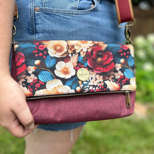 Foldover Crossbody Bag with a Maroon Floral Pattern