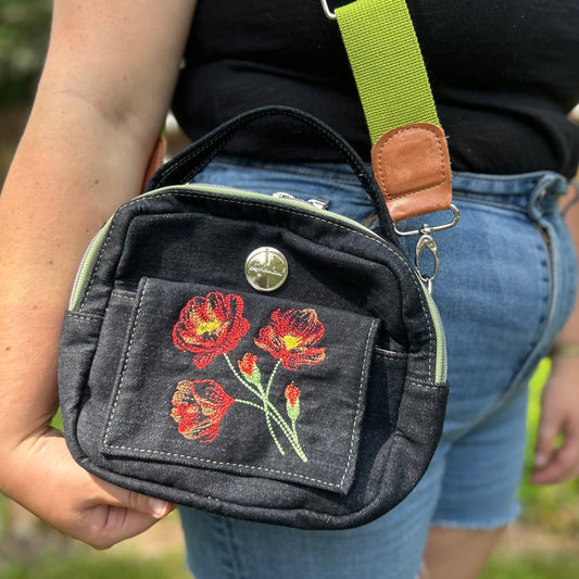 Denim Crossbody Bag with a Poppy Pattern