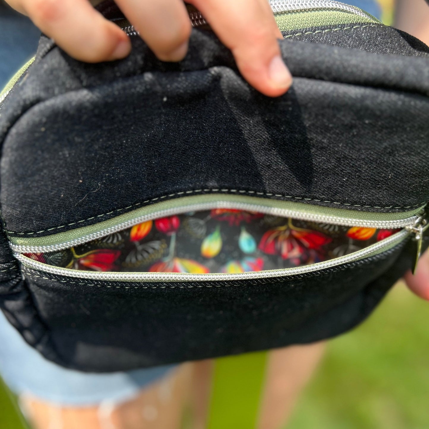 Denim Crossbody Bag with a Poppy Pattern