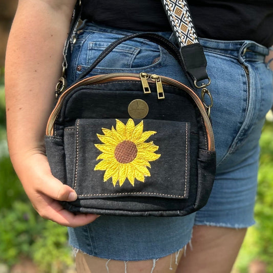 Denim Crossbody Bag with a Sunflower Pattern