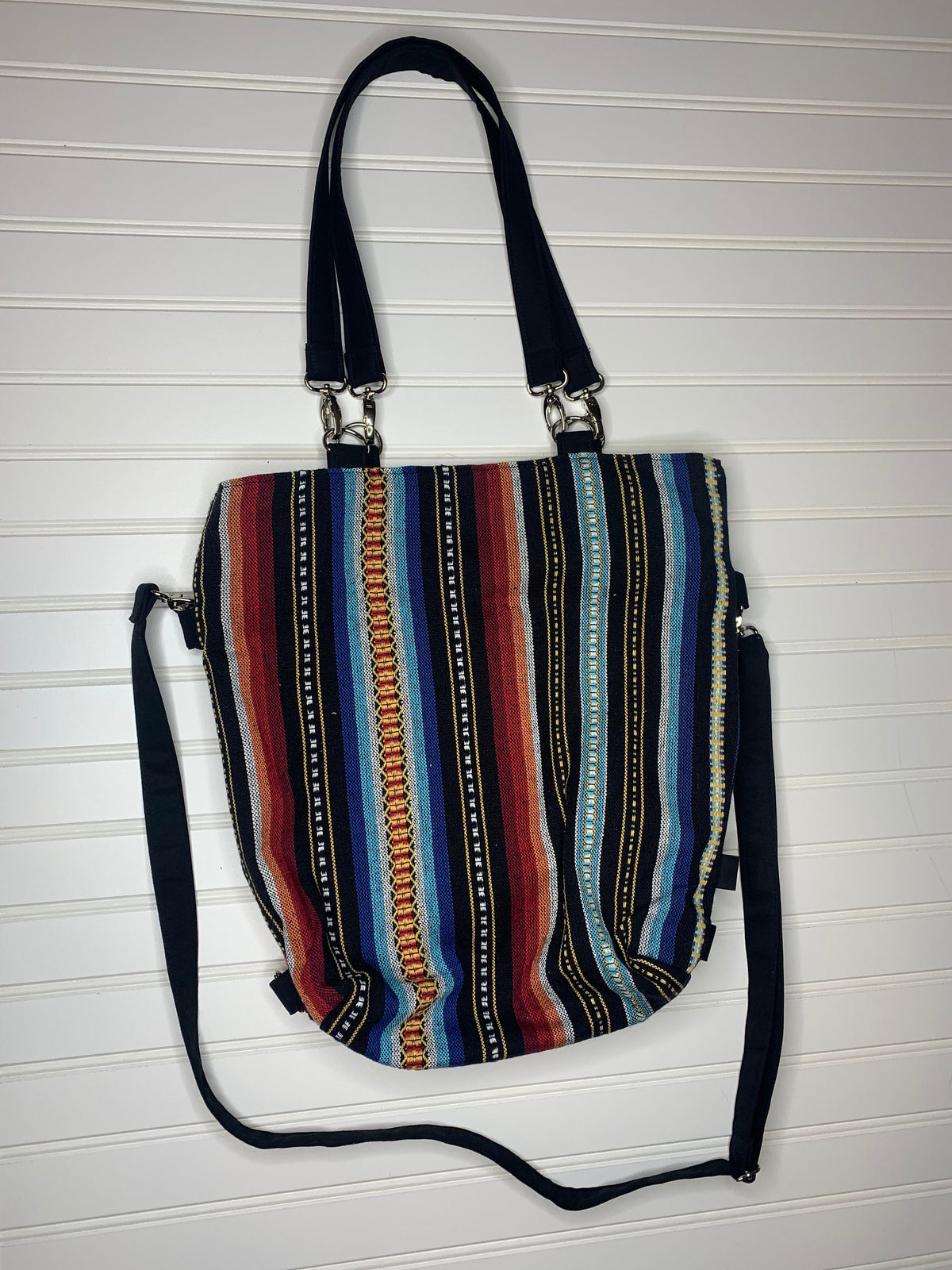 Black convertible handbag with colorful stripes, handmade bag, ladies shoulder bag, large purse, women shoulder purse