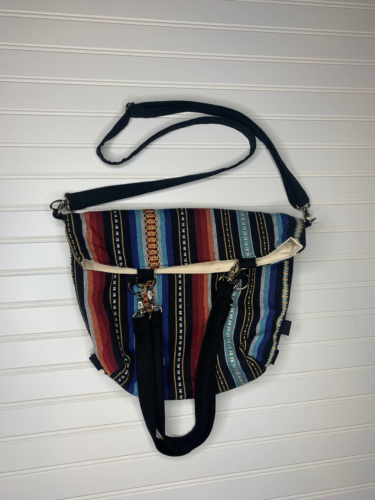 Black convertible handbag with colorful stripes, handmade bag, ladies shoulder bag, large purse, women shoulder purse