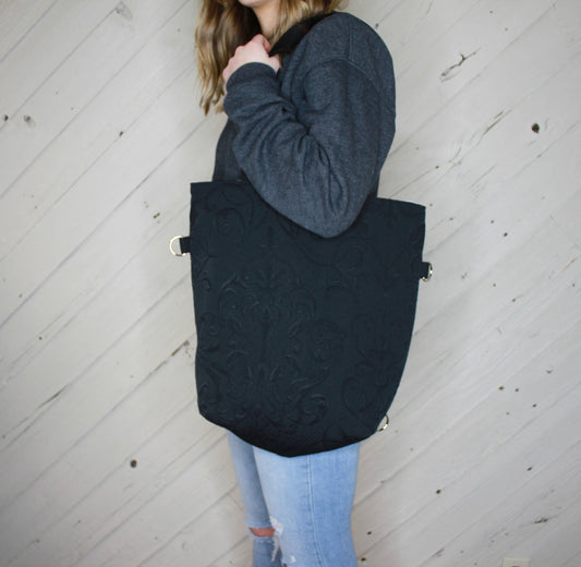 Black convertible handbag with slight floral pattern, handmade bag, ladies shoulder bag, large purse, women shoulder purse