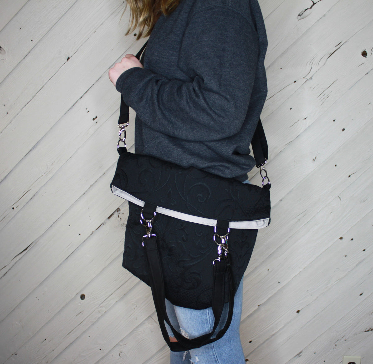 Black convertible handbag with slight floral pattern, handmade bag, ladies shoulder bag, large purse, women shoulder purse