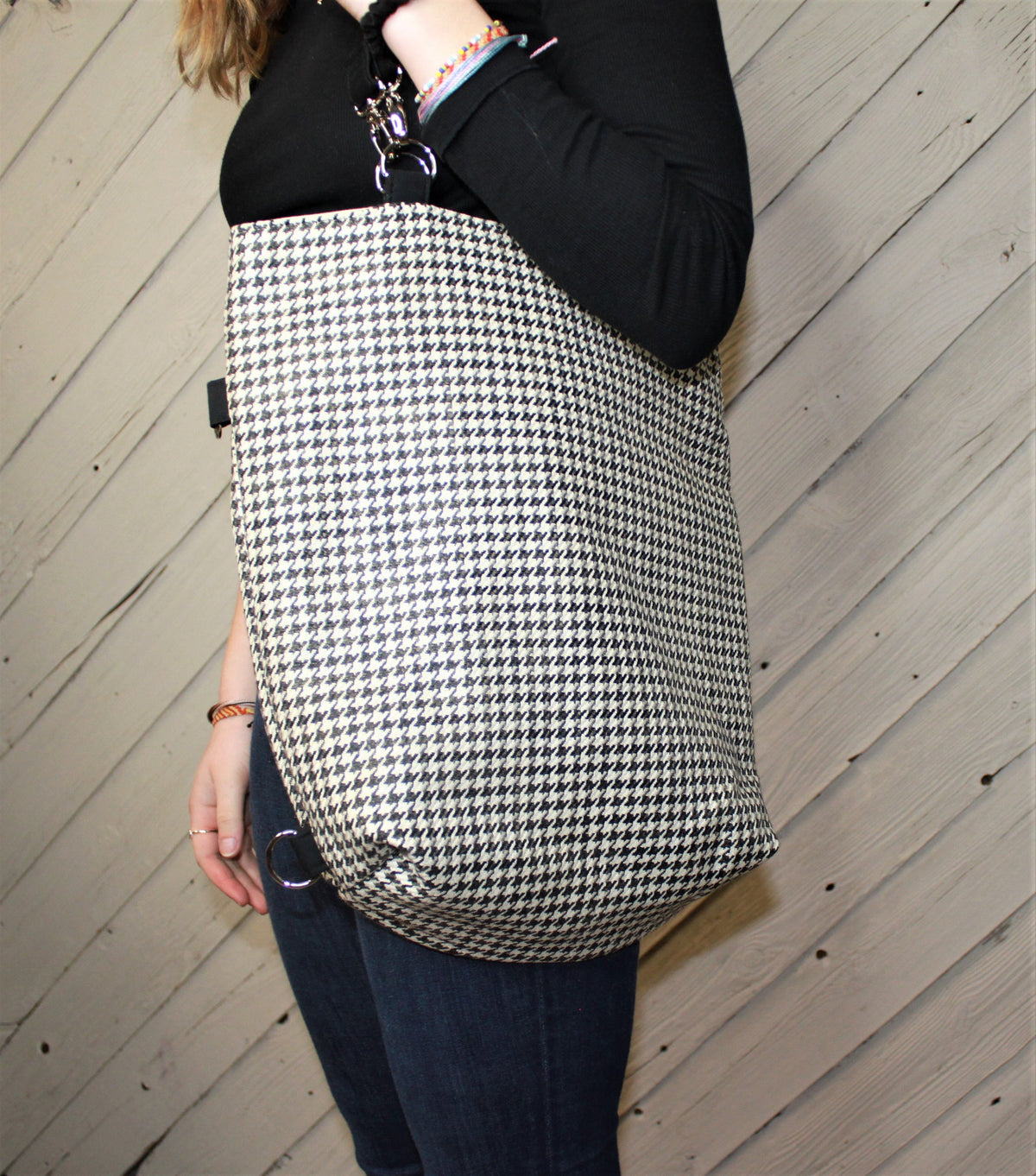 Black and cream houndstooth womans convertible purse, handmade bag, ladies shoulder bag, large purse, womens handbag, women shoulder purse