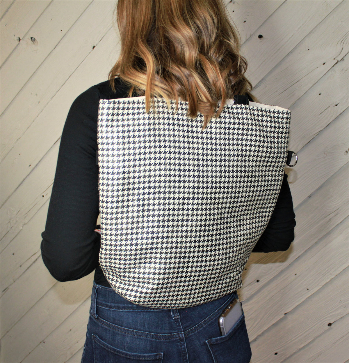 Black and cream houndstooth womans convertible purse, handmade bag, ladies shoulder bag, large purse, womens handbag, women shoulder purse
