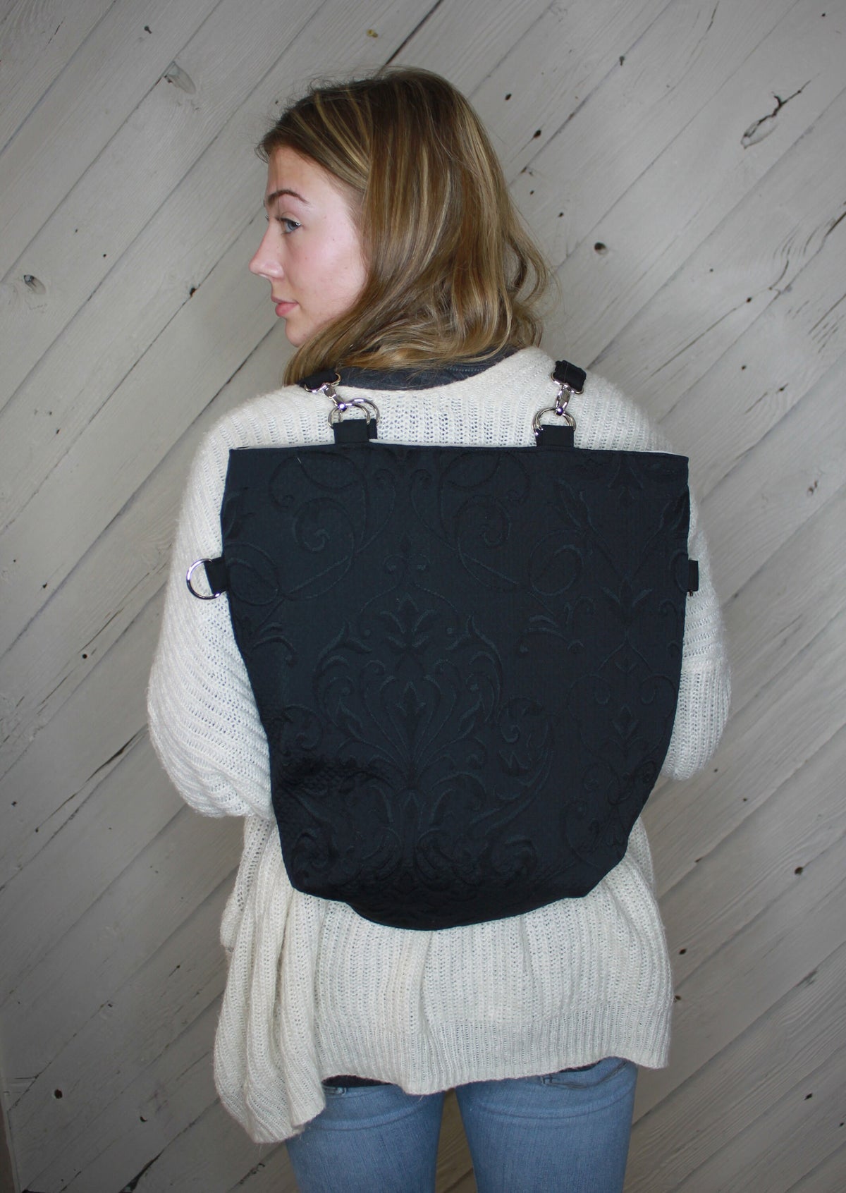 Black convertible handbag with slight floral pattern, handmade bag, ladies shoulder bag, large purse, women shoulder purse
