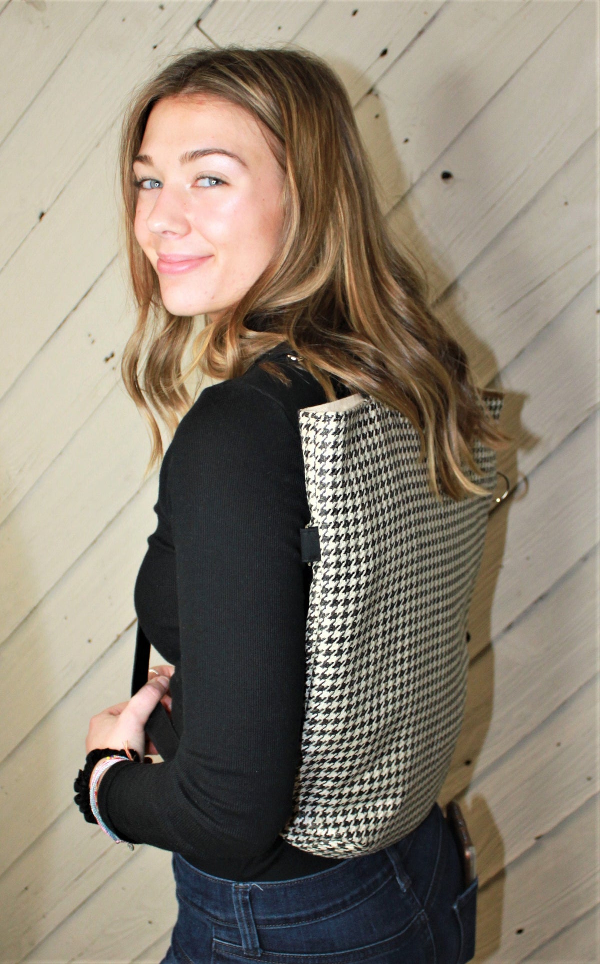 Black and cream houndstooth womans convertible purse, handmade bag, ladies shoulder bag, large purse, womens handbag, women shoulder purse