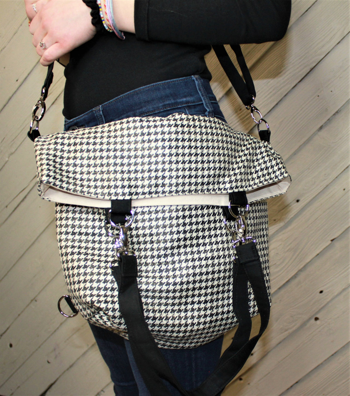 Black and cream houndstooth womans convertible purse, handmade bag, ladies shoulder bag, large purse, womens handbag, women shoulder purse