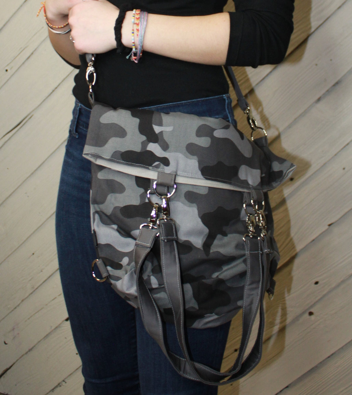 Gray camouflage convertible woman's purse, handmade bag, ladies shoulder bag, large purse, womens handmade handbag, women shoulder purse