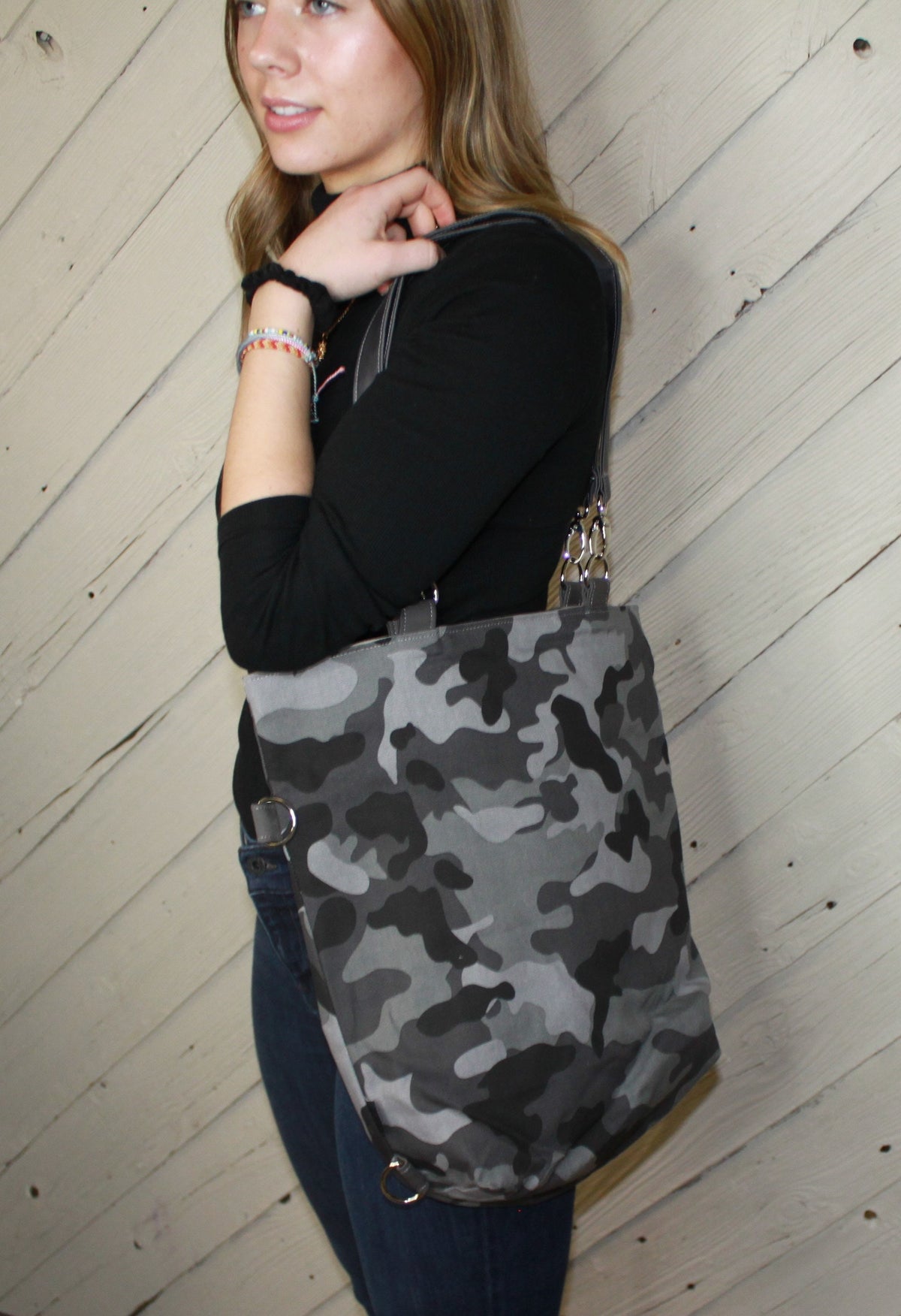 Gray camouflage convertible woman's purse, handmade bag, ladies shoulder bag, large purse, womens handmade handbag, women shoulder purse