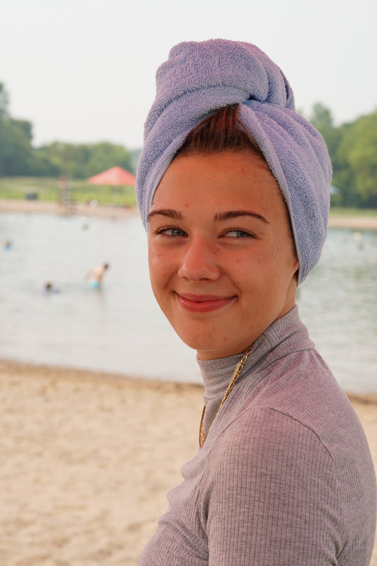 Light blue towel hair turban for women and children, 100% terry cloth, hair towel wrap