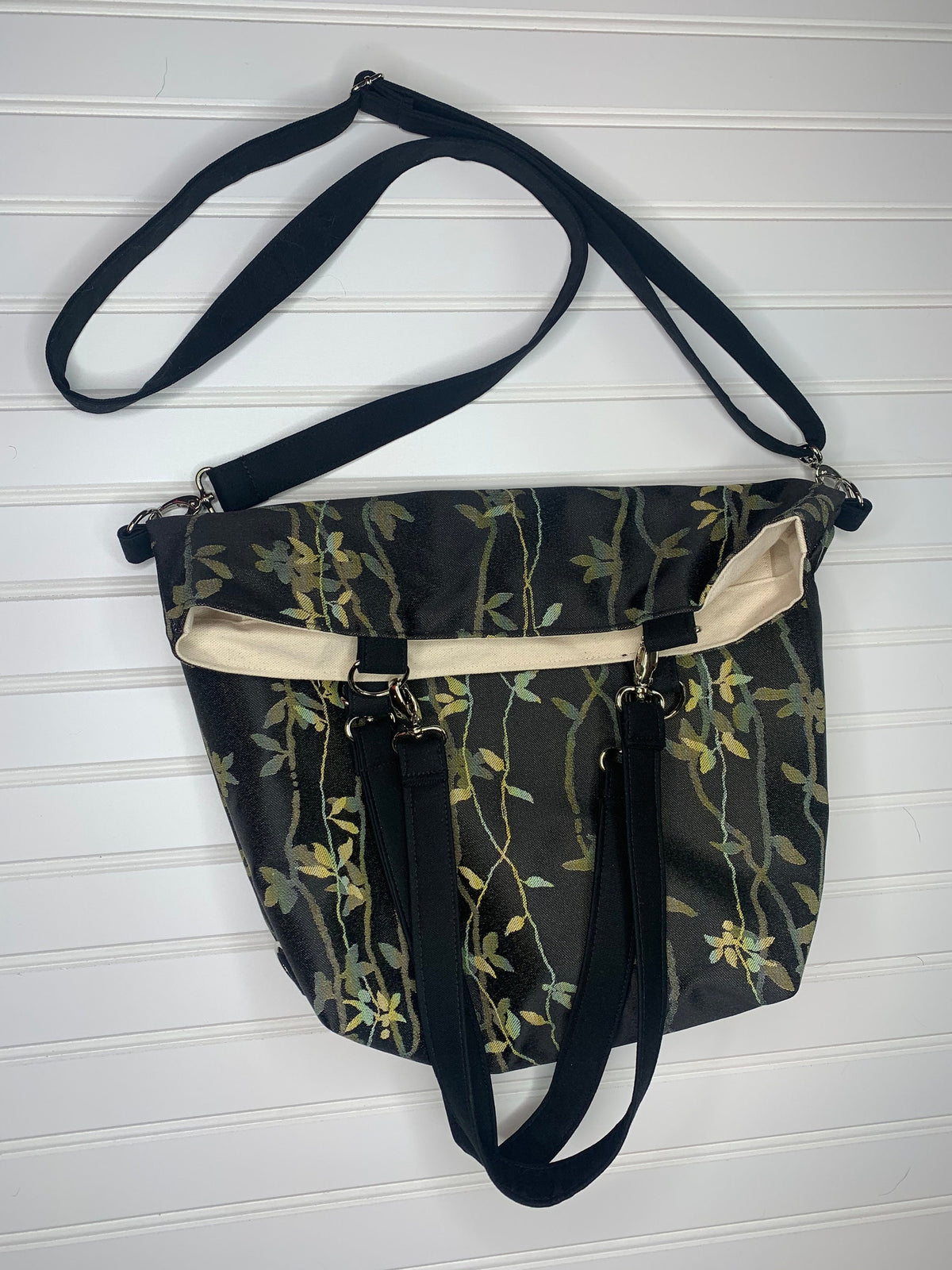 Black convertible handbag with leaf pattern, handmade bag, ladies shoulder bag, large purse, women shoulder purse