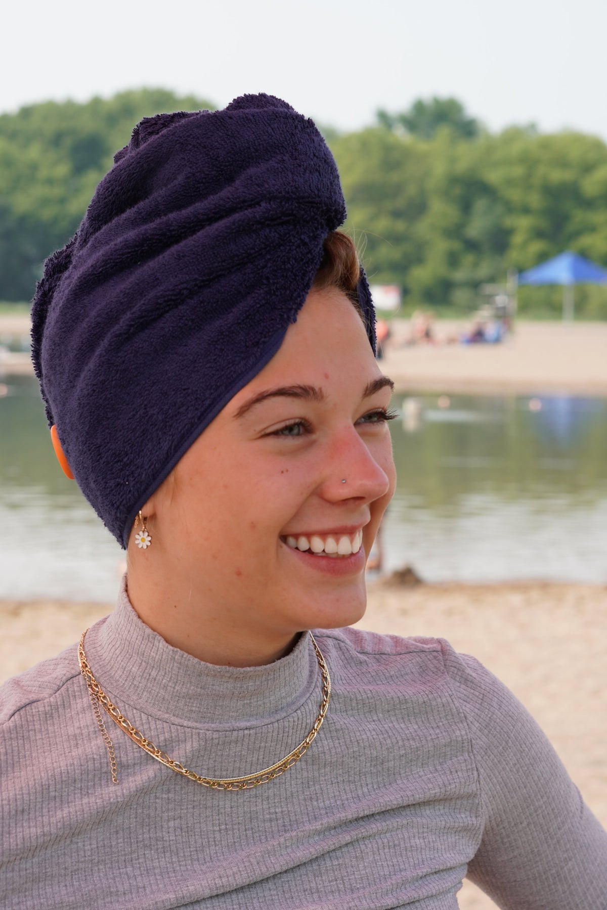 Navy blue towel hair turban for women and children, 100% terry cloth, hair towel wrap