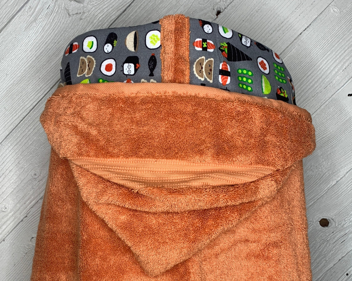Hooded bath towel for teens and adults with optional sushi flannel, large tween hooded towel, personalized teen towel, full size teen towel
