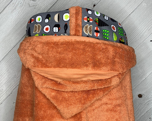 Hooded bath towel for teens and adults with optional sushi flannel, large tween hooded towel, personalized teen towel, full size teen towel