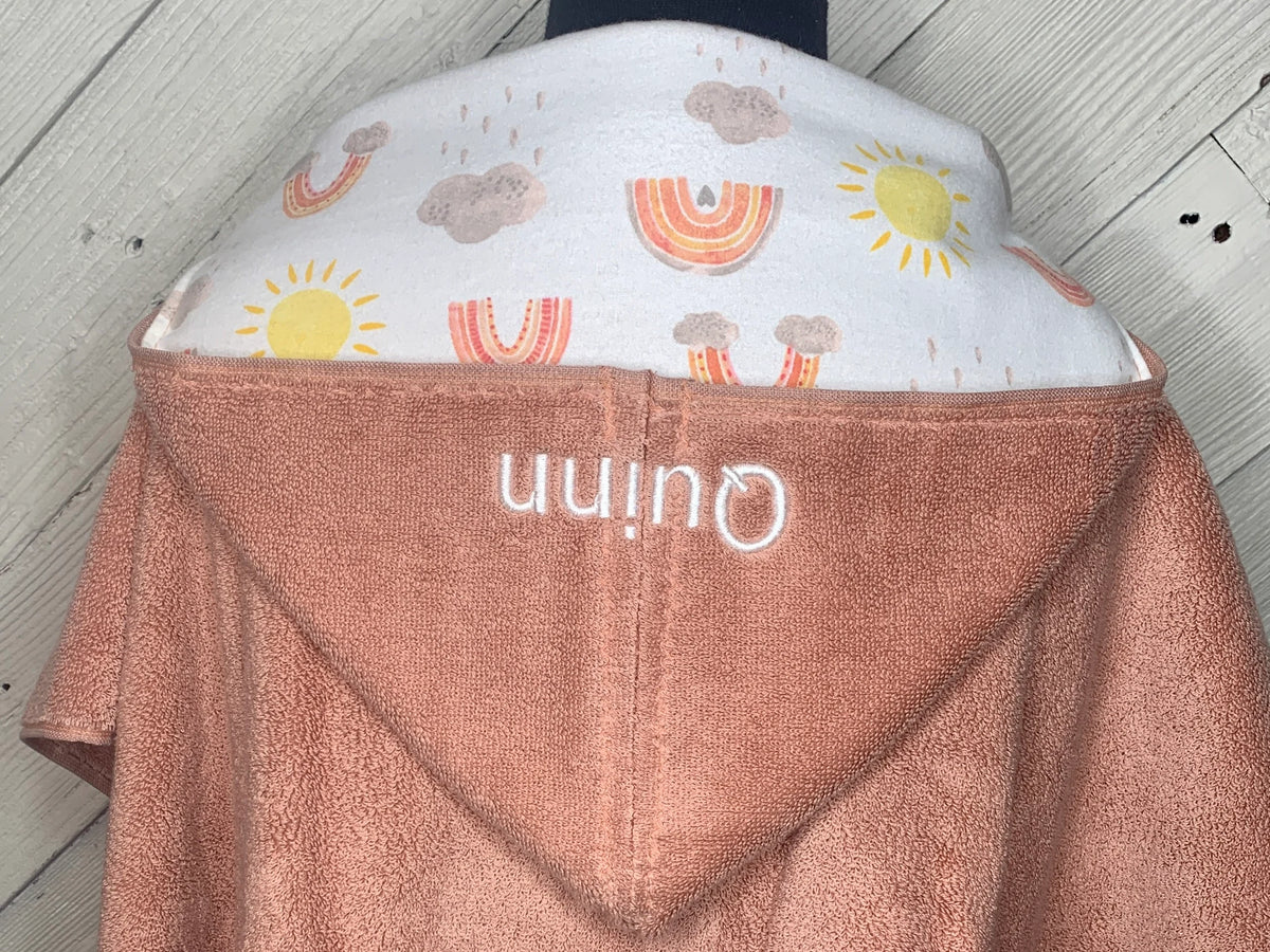 Orange Kid's Hooded Bath Towel with Rainbow and Cloud Lining on Hood