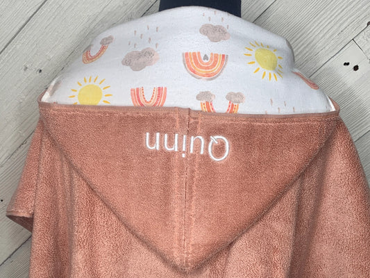 Orange Kid's Hooded Bath Towel with Rainbow and Cloud Lining on Hood
