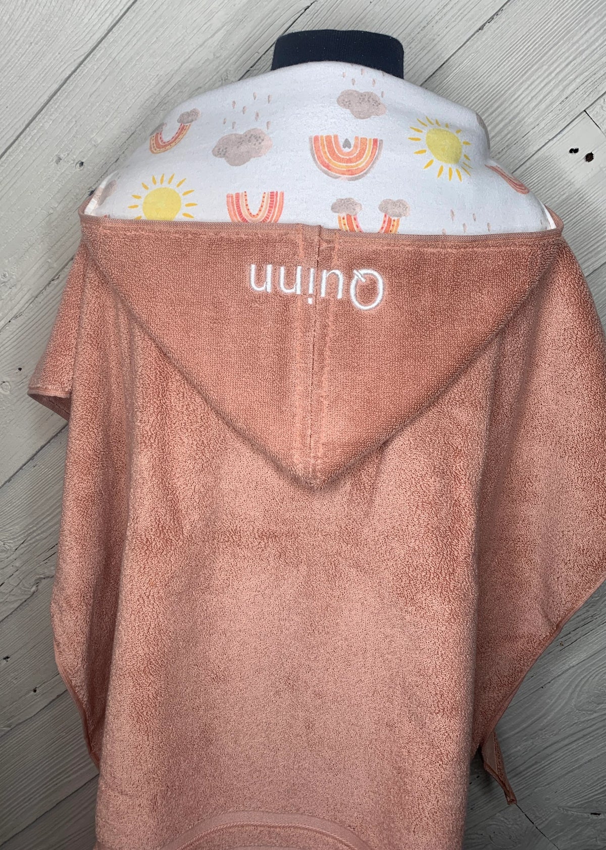 Orange Kid's Hooded Bath Towel with Rainbow and Cloud Lining on Hood