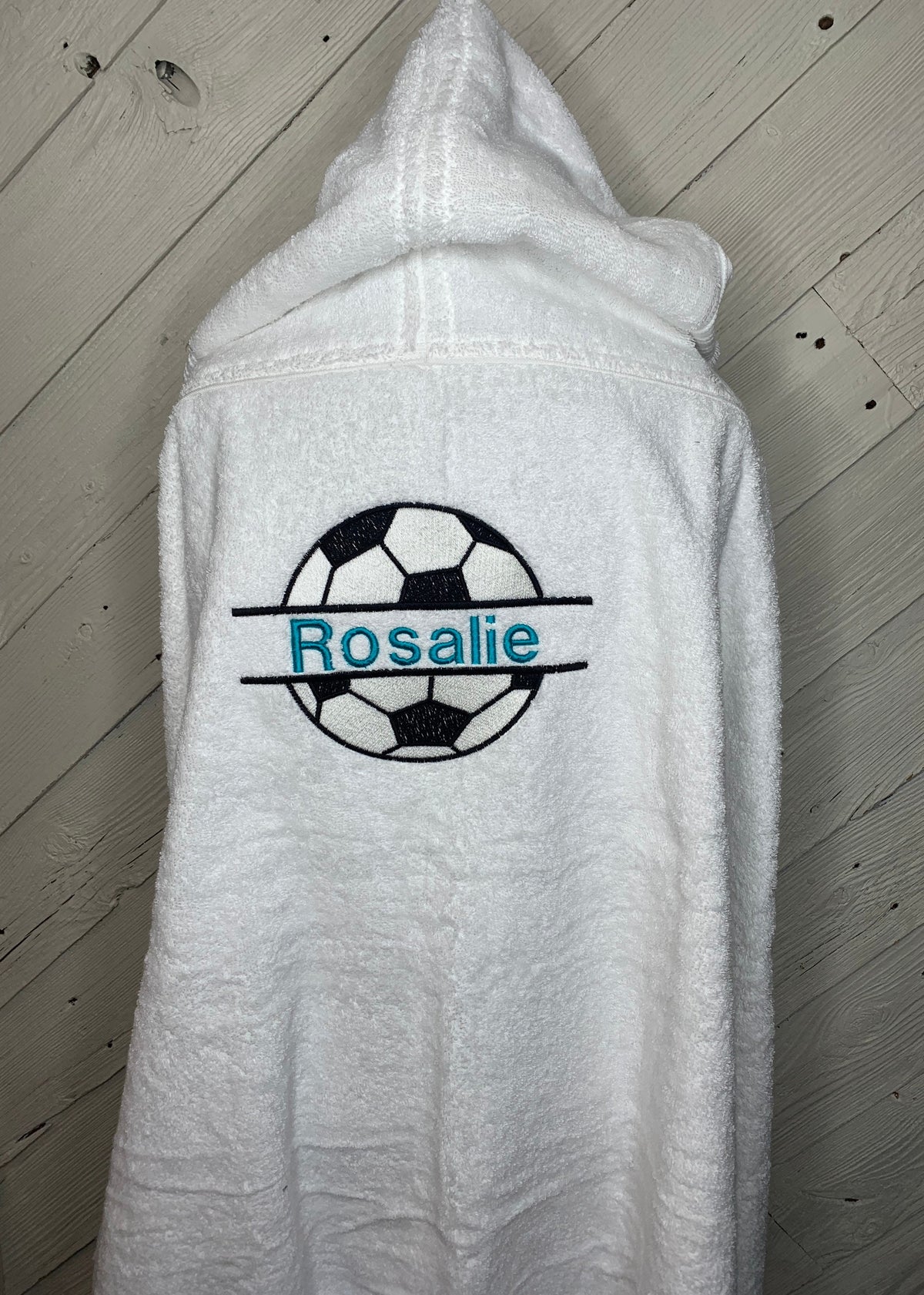 Soccer hooded bath towel for teens or adults, personalized adult hooded beach towel, full size towel, teen bath towel, teen beach towel