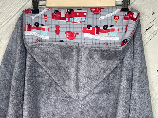 Hooded towel or hooded poncho towel with fire trucks
