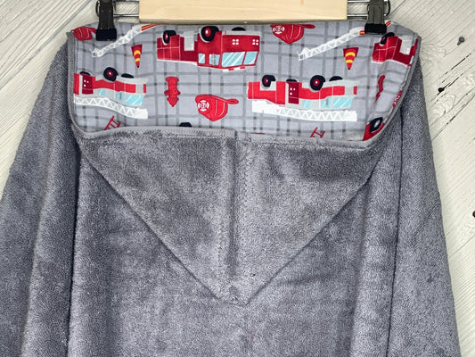 Gray Kid's Hooded Bath Towel with Fire Truck Lining on Hood