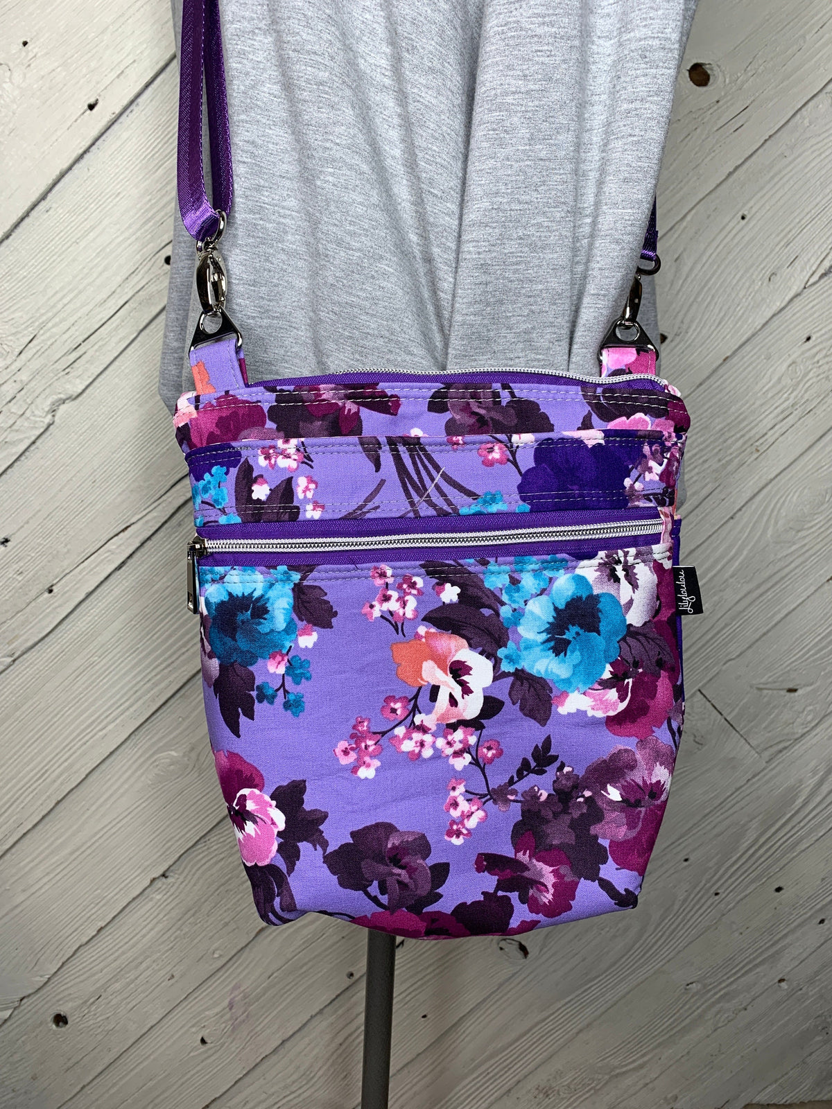 Purple floral crossbody purse, women's crossbody bag, hipster bag, messenger bag, adjustable crossbody bag, women's handbag